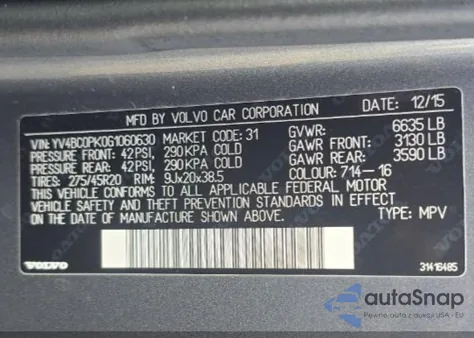 2016 Volvo Xc90 Hybrid T8 Momentum из США, поврежденный, VIN YV4BC0PK0G1060630